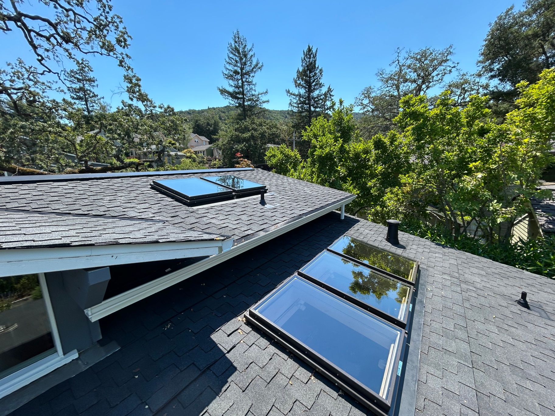 Professional skylight and exterior window cleaning on a residential roof in San Jose