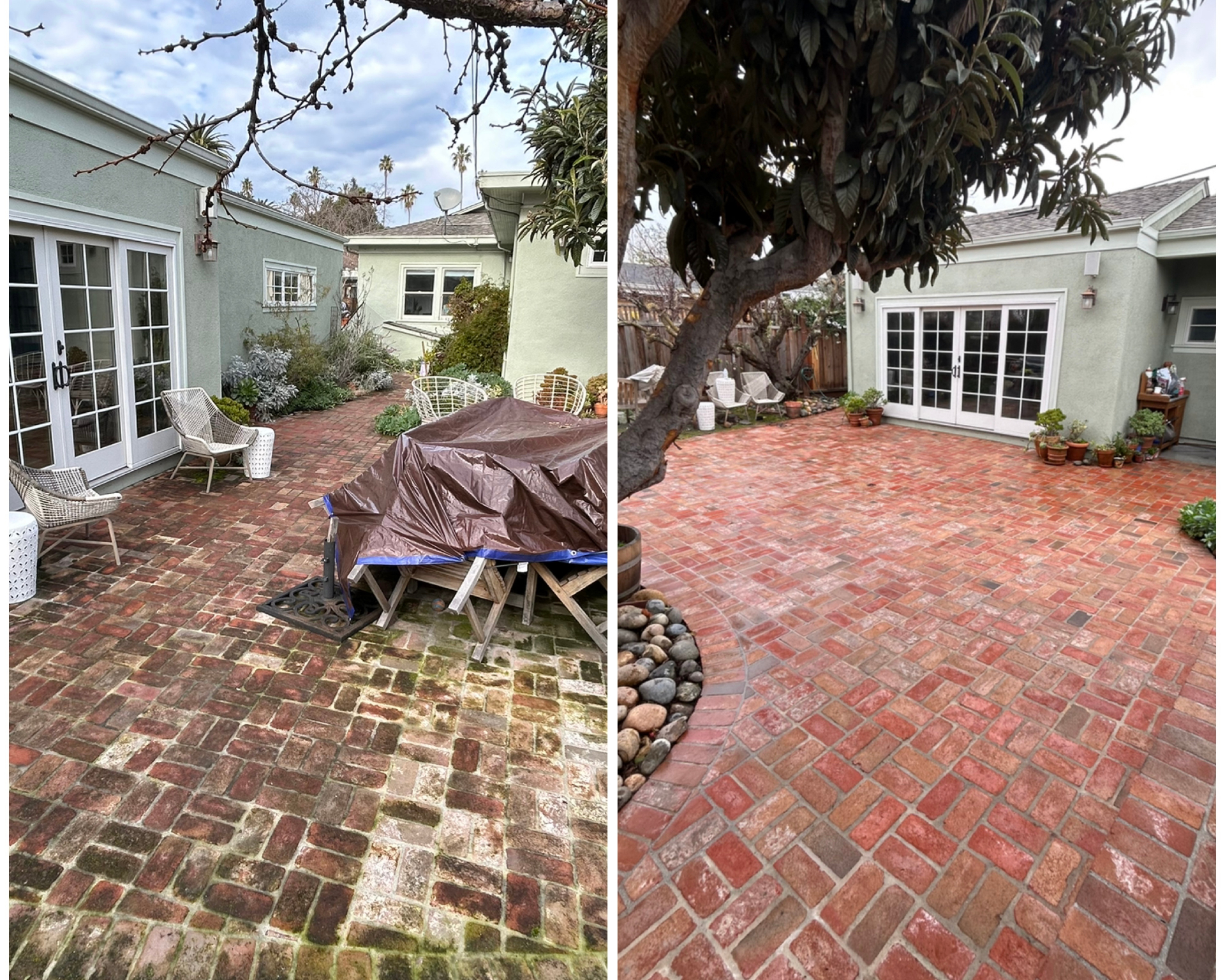 Patio and driveway before and after pressure washing